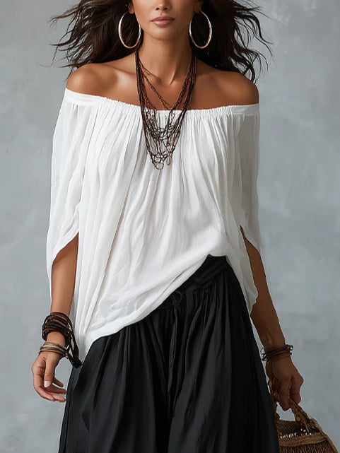 Addison | White Off-the-shoulder Top And Loose-fitting Lantern Pants Set