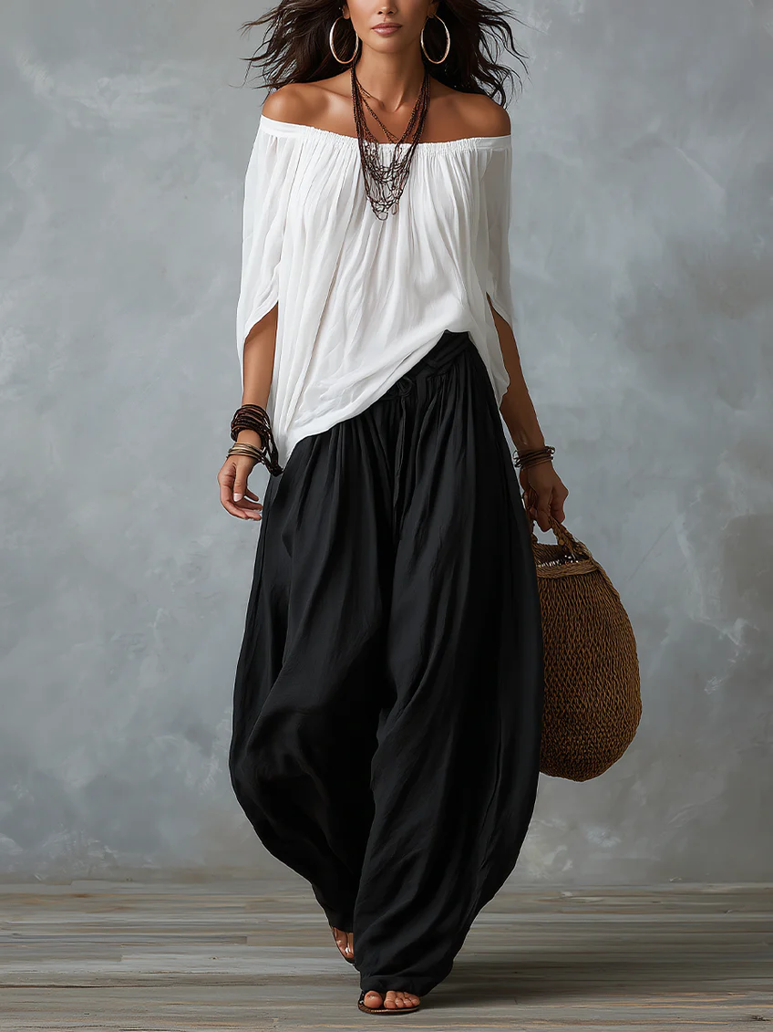 Addison | White Off-the-shoulder Top And Loose-fitting Lantern Pants Set