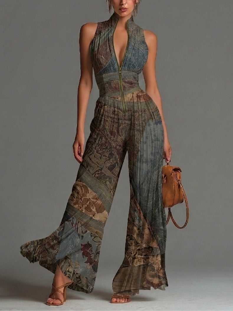 Aria | Bohemian Ethnic Print Sleeveless Zipper Pleated Wide-leg Chiffon Jumpsuit