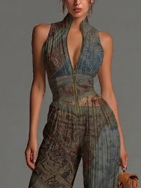 Aria | Bohemian Ethnic Print Sleeveless Zipper Pleated Wide-leg Chiffon Jumpsuit