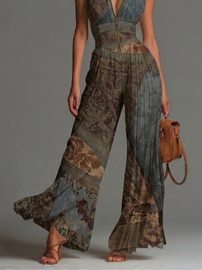 Aria | Bohemian Ethnic Print Sleeveless Zipper Pleated Wide-leg Chiffon Jumpsuit