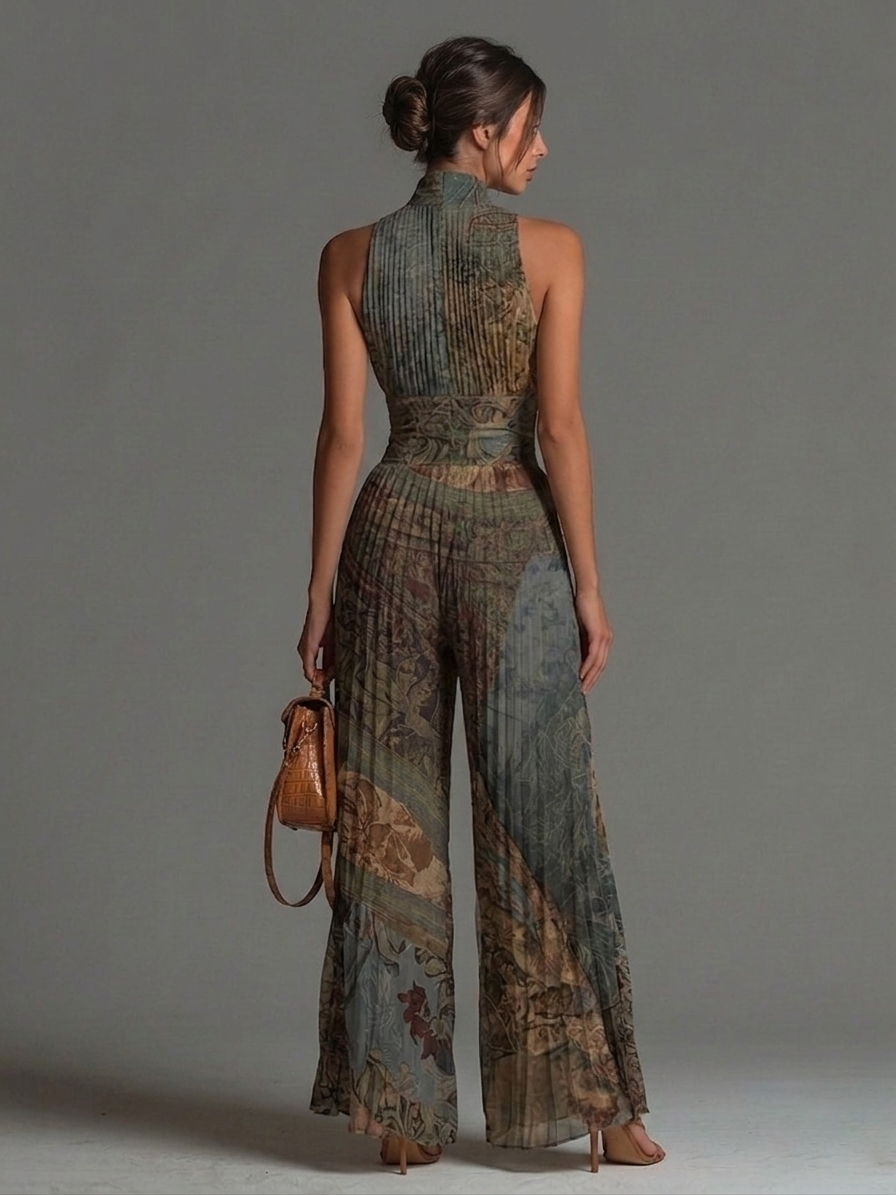 Aria | Bohemian Ethnic Print Sleeveless Zipper Pleated Wide-leg Chiffon Jumpsuit