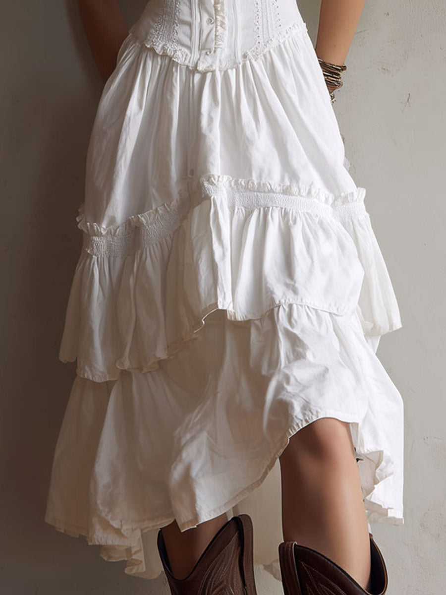 Brooklyn | Retro Boho Corset Tiered Midi Dress With Lace-Trim