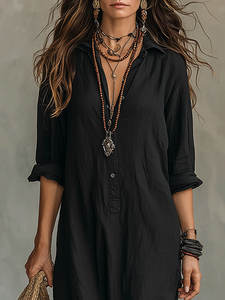 Olivia | Black Button-Front Bohemian Shirt Maxi Dress