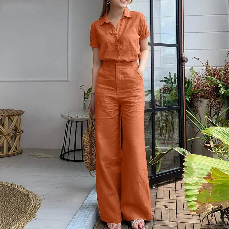 Charlotte™ - Stylish Short Sleeve Shirt and Loose Wide Leg Pants Set