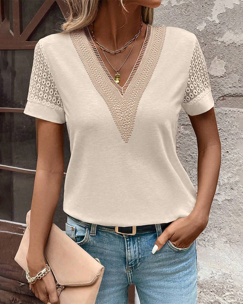 Amelia™ -  Stylish V-Neck Lace T-Shirt