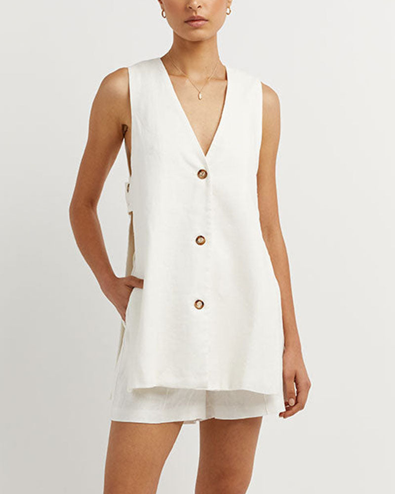Amelia™ - Sleeveless Buttoned Set With Handmade Details