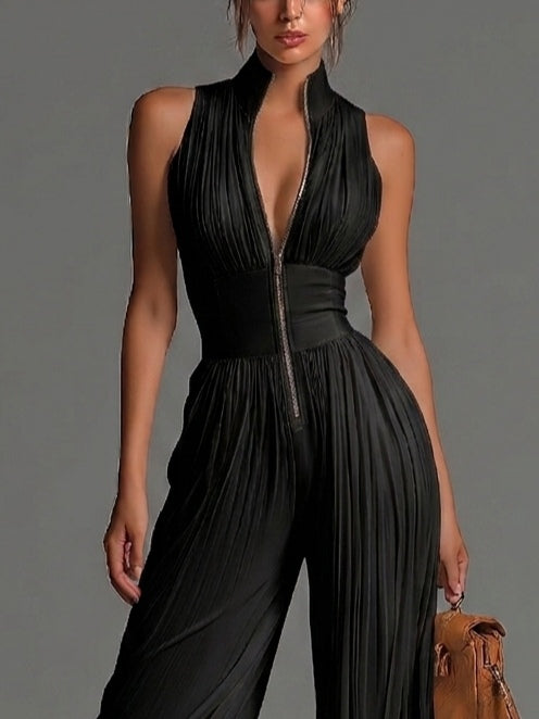 Hannah | Black V-neck Sleeveless Zip-up Pleated Wide-leg Chiffon Jumpsuit