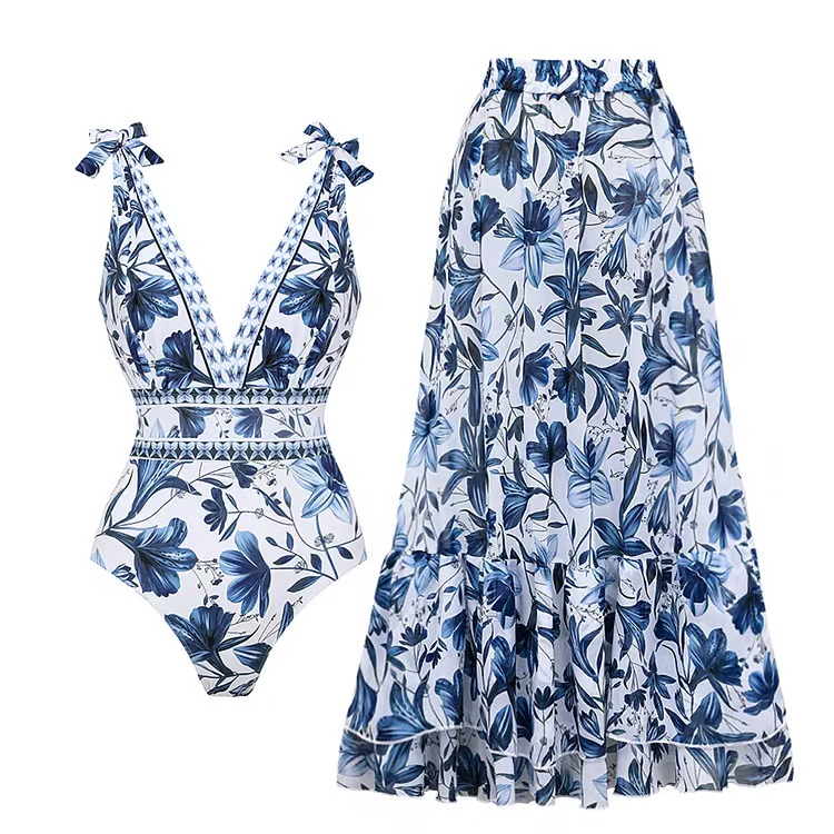 Olivia™ - Stylish V Neck Floral One-Piece Swimsuit Set