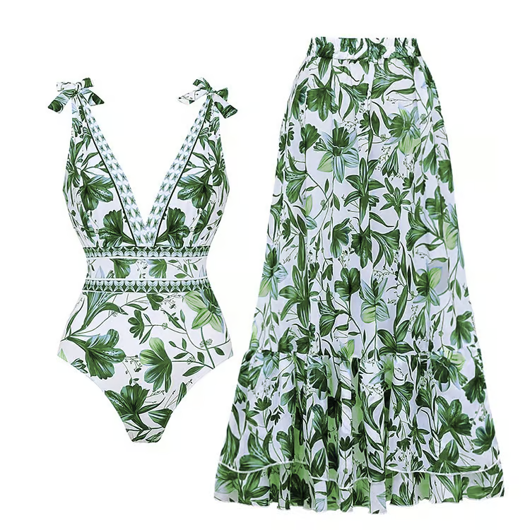 Olivia™ - Stylish V Neck Floral One-Piece Swimsuit Set
