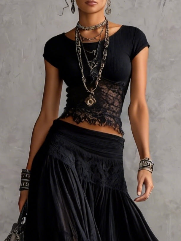 Grace | Black Sheer Lace-Paneled Top and Pleated Maxi Skirt Set