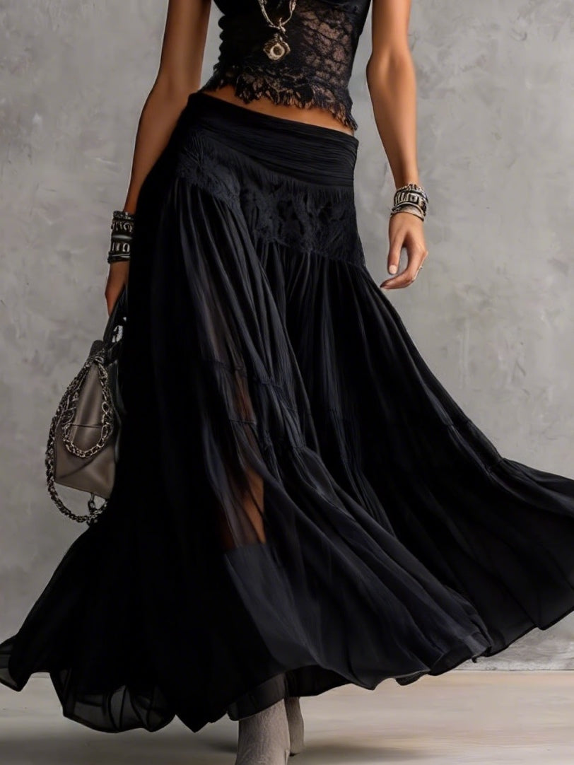 Grace | Black Sheer Lace-Paneled Top and Pleated Maxi Skirt Set