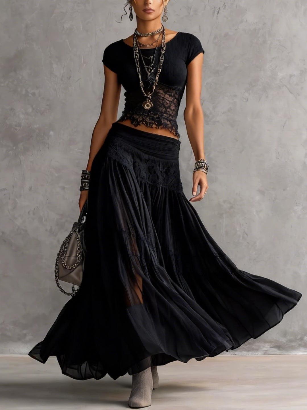 Grace | Black Sheer Lace-Paneled Top and Pleated Maxi Skirt Set