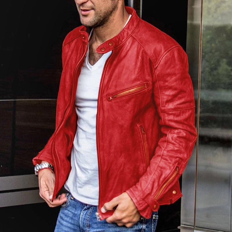 Grayson™ - Vintage Stand Collar Leather Zipper Jacket