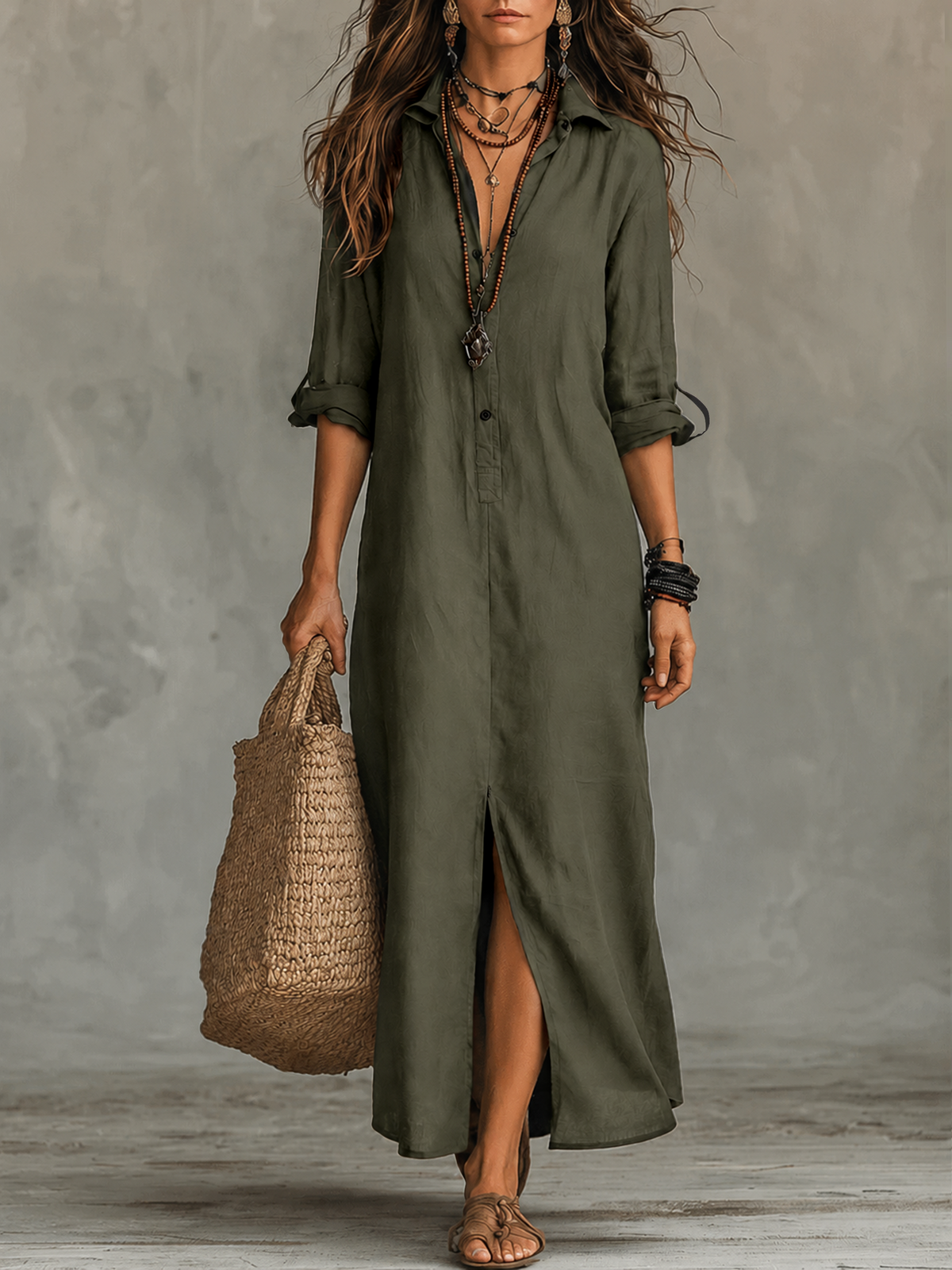 Olivia | Black Button-Front Bohemian Shirt Maxi Dress