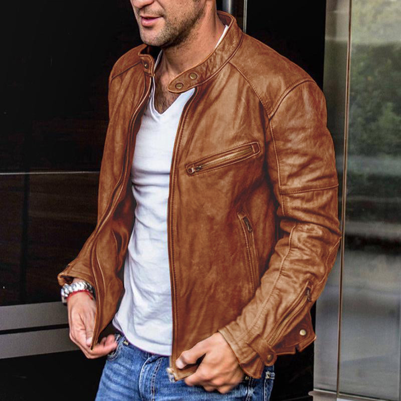 Grayson™ - Vintage Stand Collar Leather Zipper Jacket