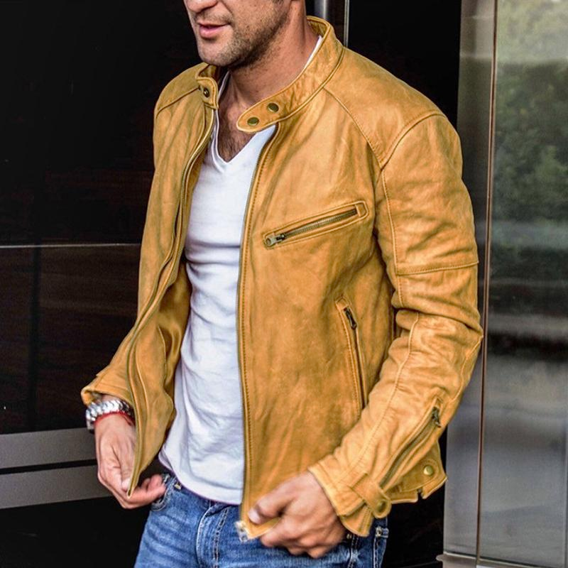 Grayson™ - Vintage Stand Collar Leather Zipper Jacket