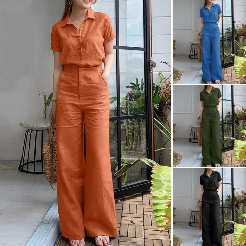 Charlotte™ - Stylish Short Sleeve Shirt and Loose Wide Leg Pants Set