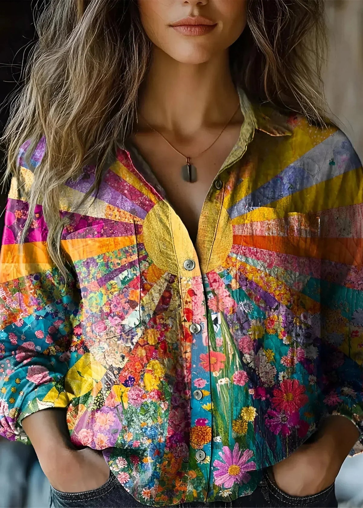 Avery™ - Boho Sunflower Blouse with Handmade Details